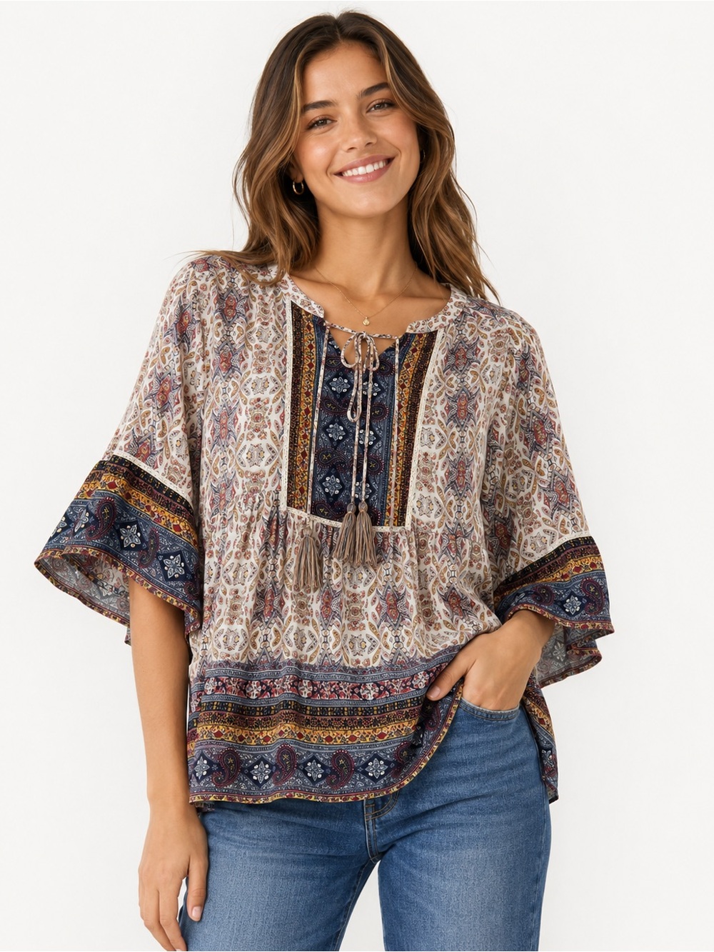 Artesia Boho Paisley Border Print Tassel Peasant Blouse M Peasant Festival Boho